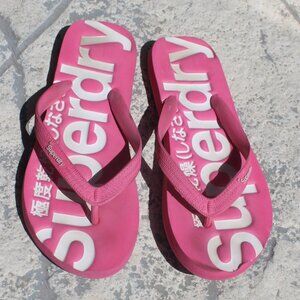 SUPERDRY Flip Flops Woman Hot Pink & White Size Large Rubber Sip On Logo